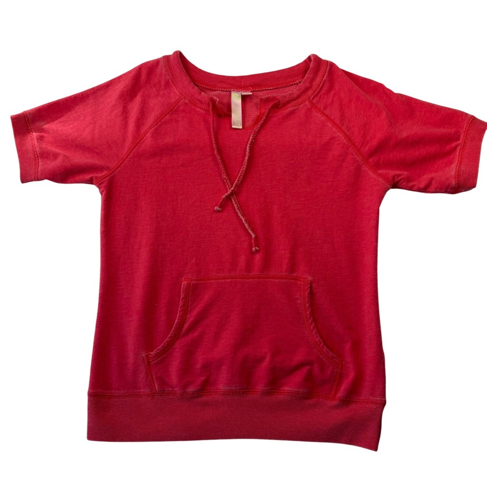 Green Tea Womens Coral Red Short Sleeve Sweatshirt Kangaroo Pocket Small FW7868K